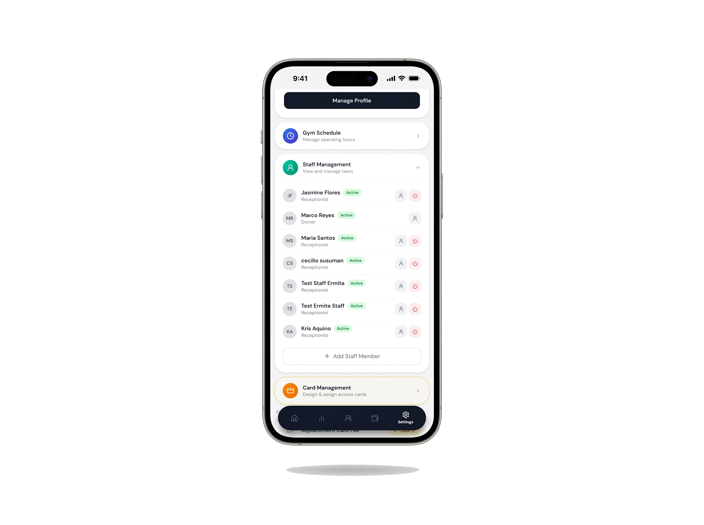 GymTairo admin dashboard showing staff roles and branch permissions