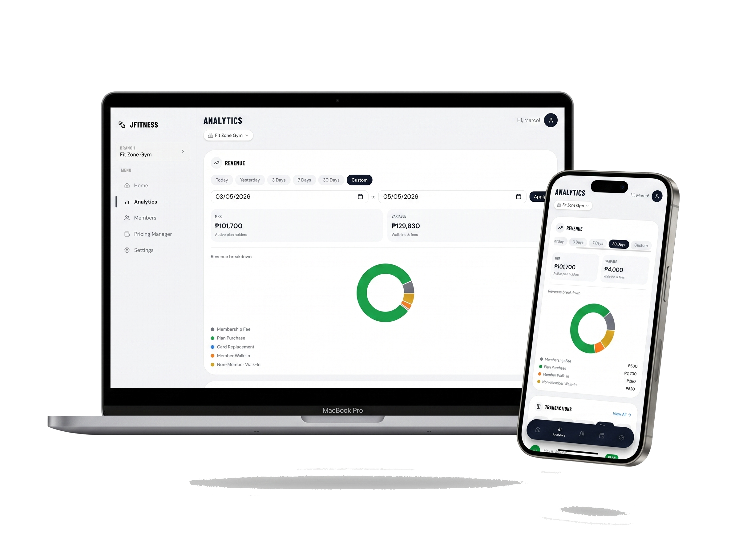 GymTairo analytics dashboard showing revenue, transactions, and cash close