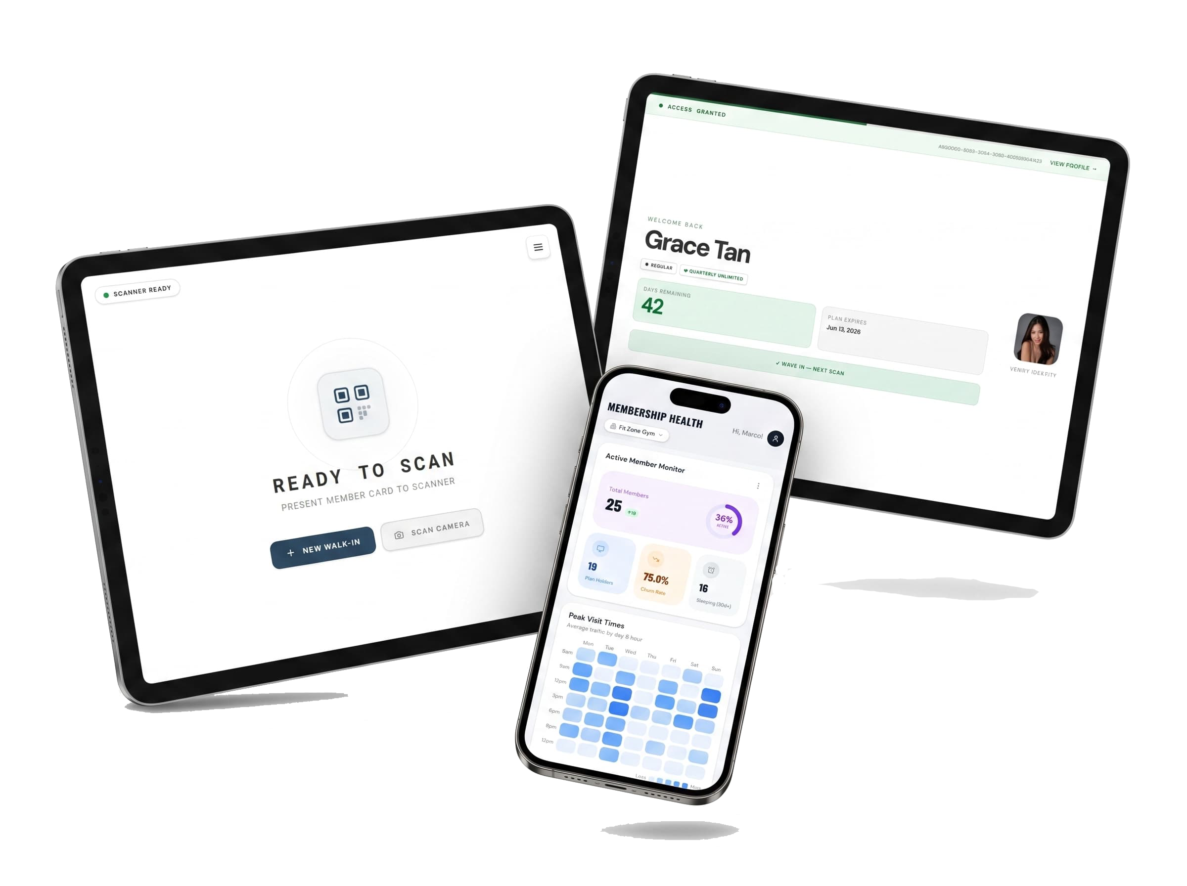GymTairo — Reception, Member Access, and Admin Dashboard on tablet and mobile