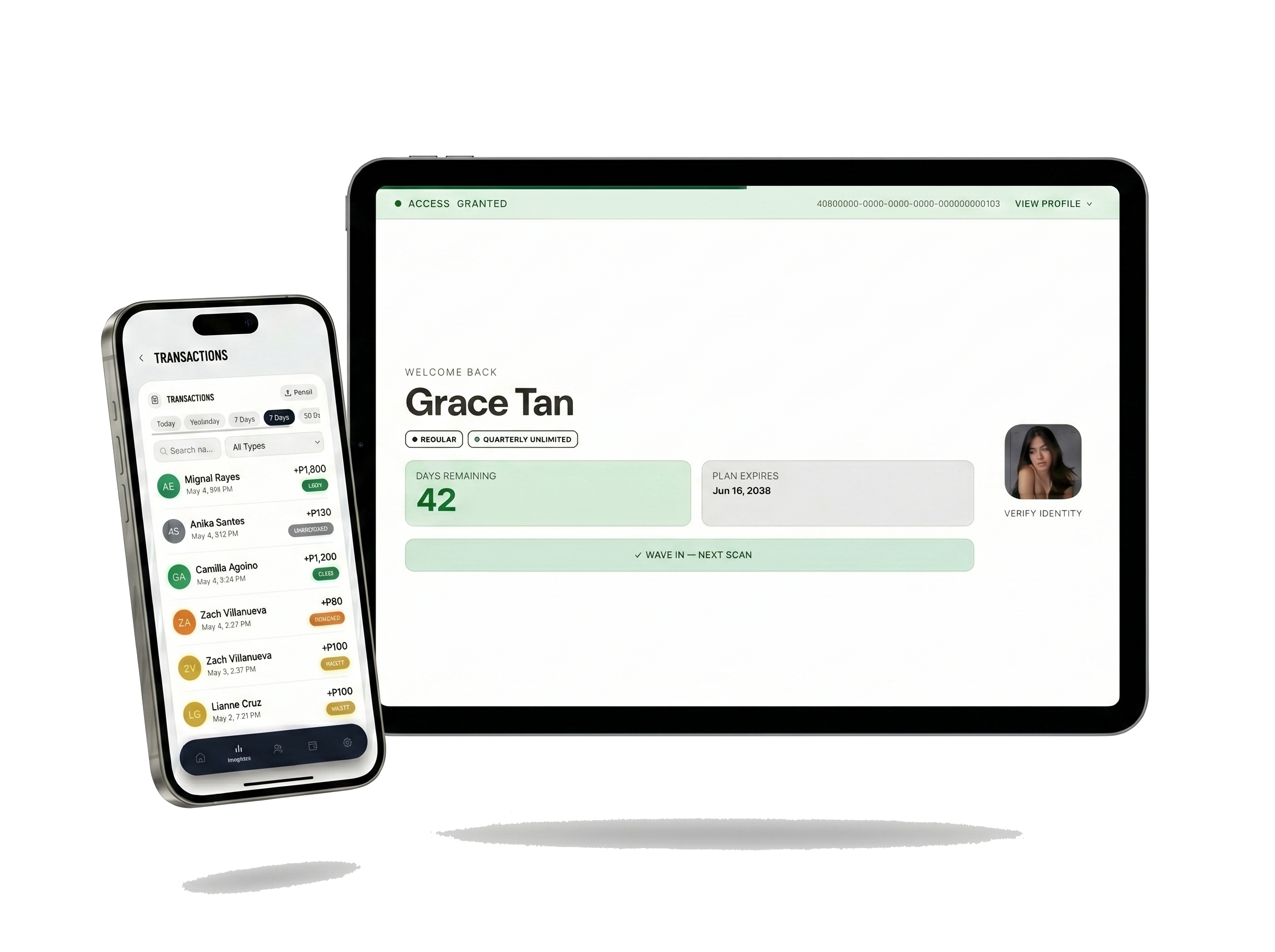 GymTairo reception scanner showing real-time member access state